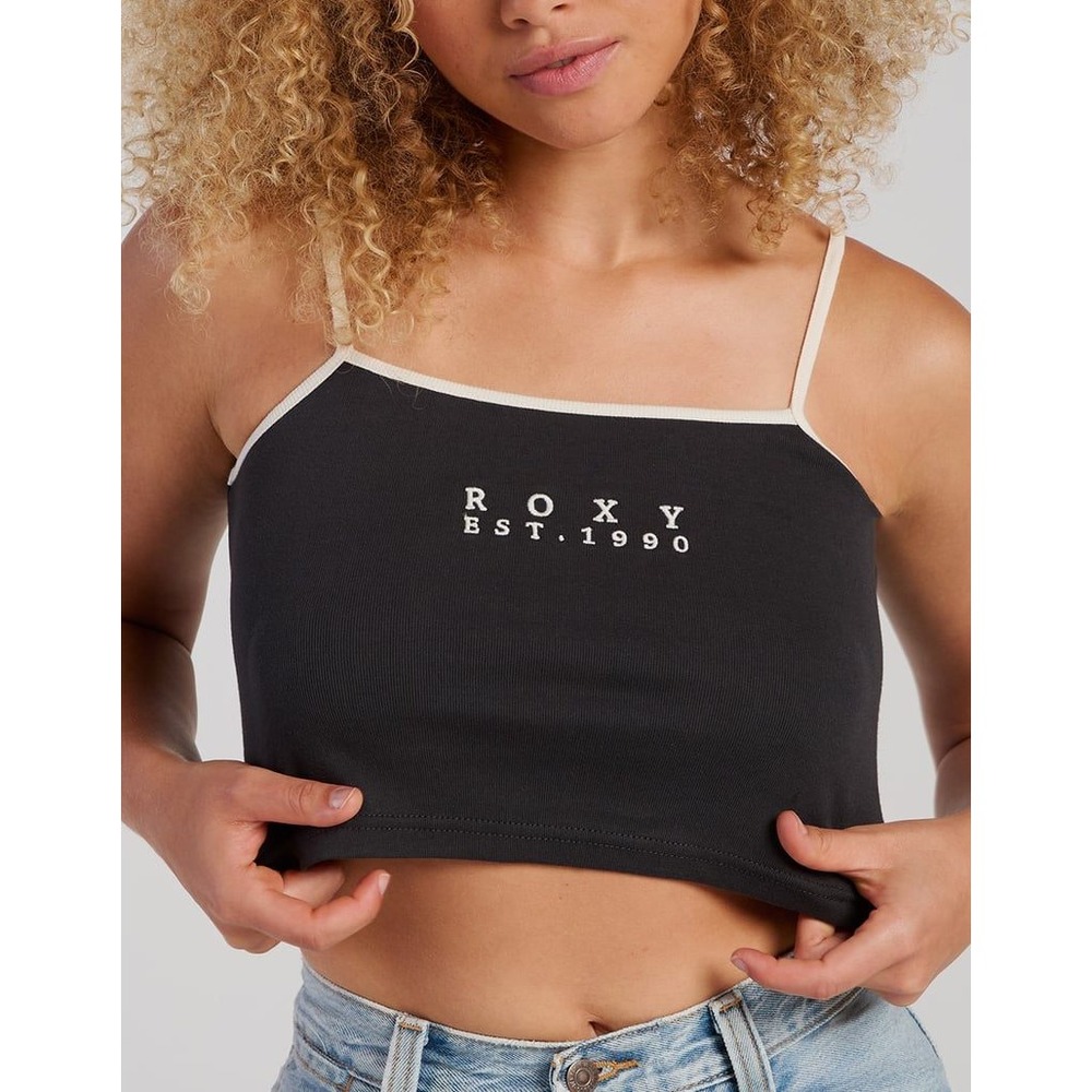 Roxy Womens Embroidered Logo Cropped Cami Tank Top Gray Cotton XL